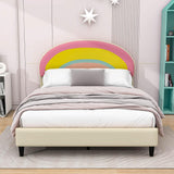 Cute Full Size Upholstered Platform Bed Frame with Rainbow Headboard