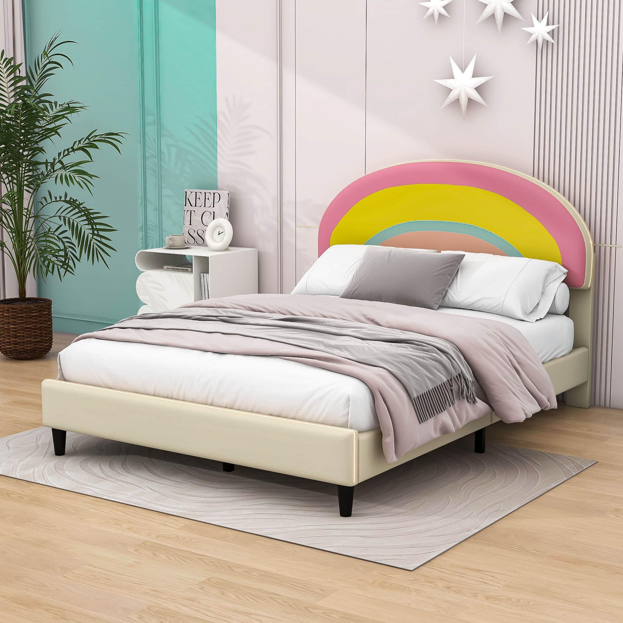 Cute Full Size Upholstered Platform Bed Frame with Rainbow Headboard