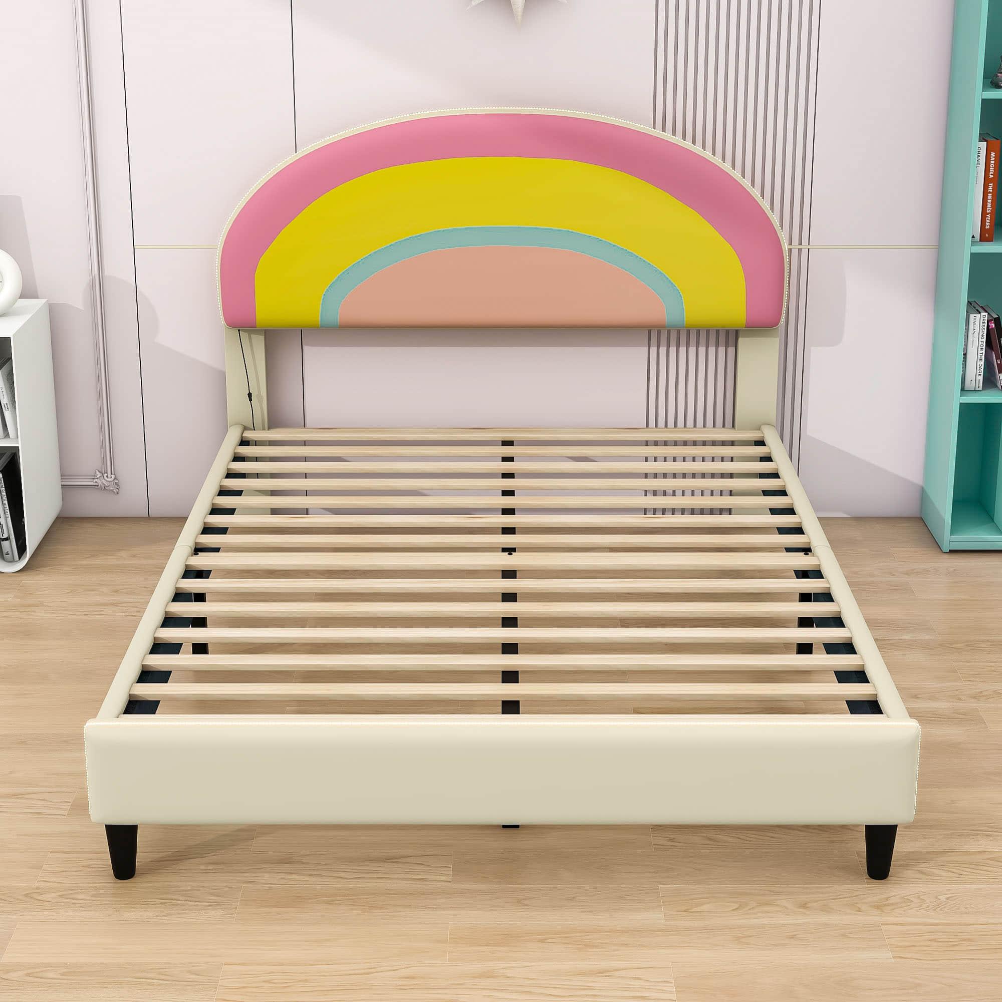 Cute Full Size Upholstered Platform Bed Frame with Rainbow Headboard