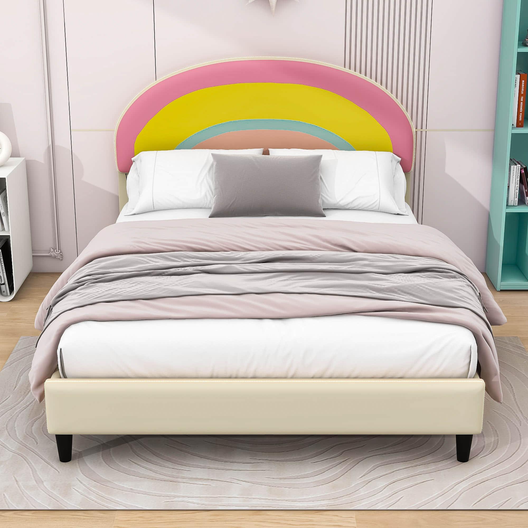 Cute Full Size Upholstered Platform Bed Frame with Rainbow Headboard