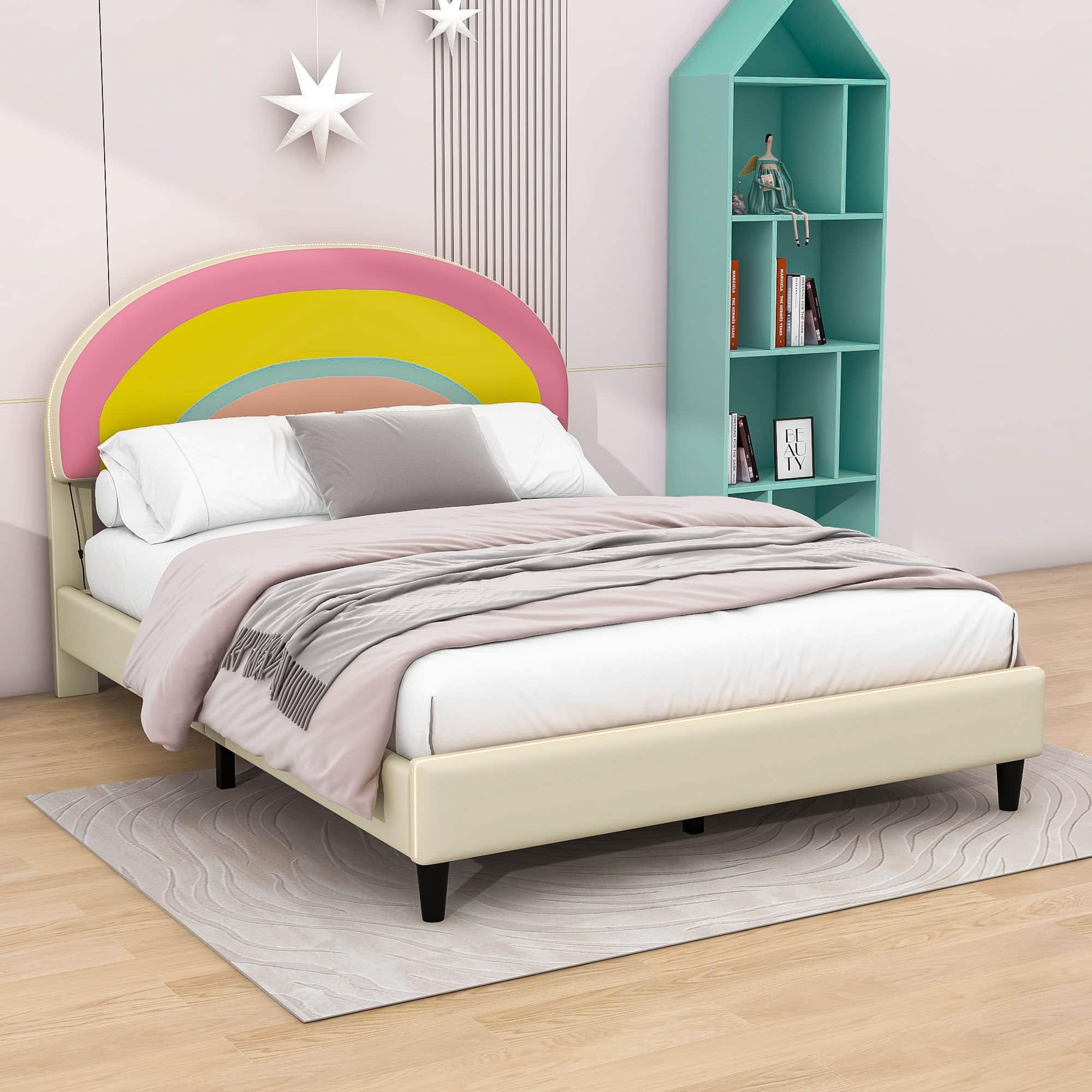 Cute Full Size Upholstered Platform Bed Frame with Rainbow Headboard