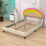 Cute Full Size Upholstered Platform Bed Frame with Rainbow Headboard