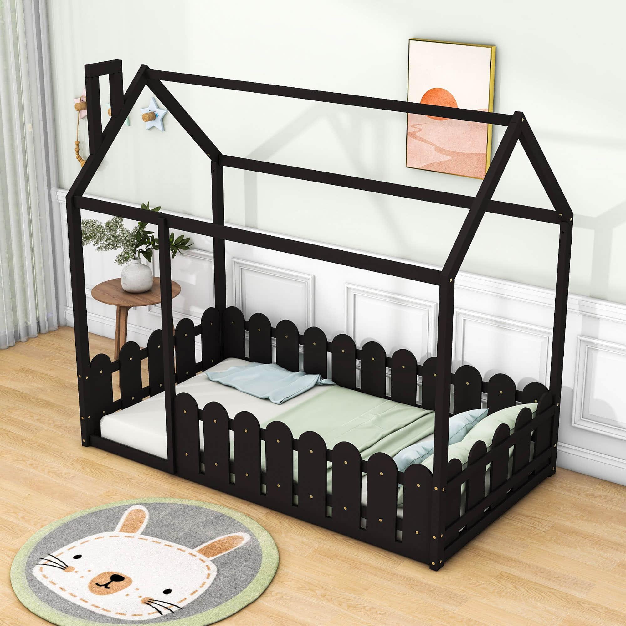 Twin Toddler Floor House Bed Frame with Rails - [Without Slats]