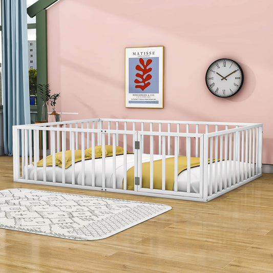 Metal Montessori Queen Toddler Floor Bed with Rails for Kids