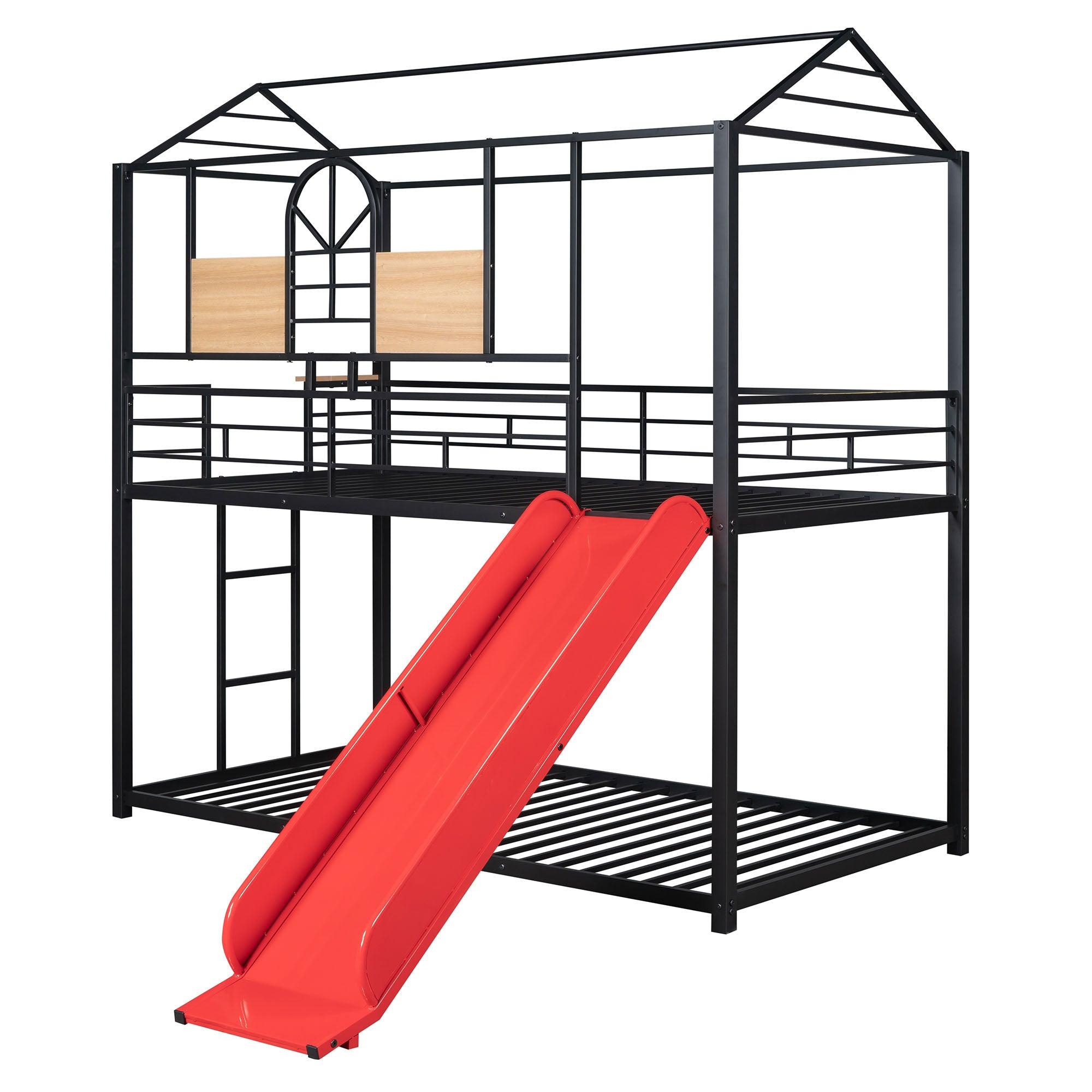 Low House Twin Over Twin Bunk Beds with Slide for Kids Toddler - [Metal]