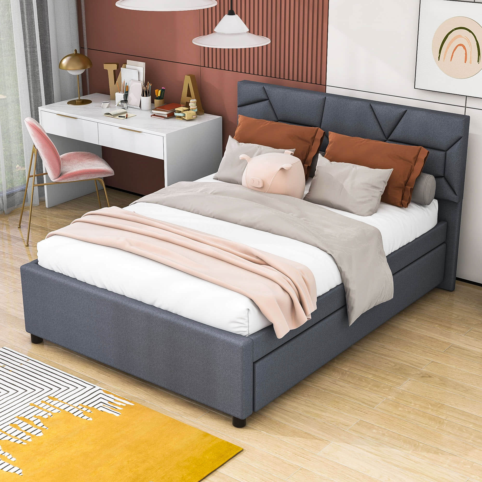 Full Upholstered Platform Bed Frame with Headboard, Twin Trundle Bed