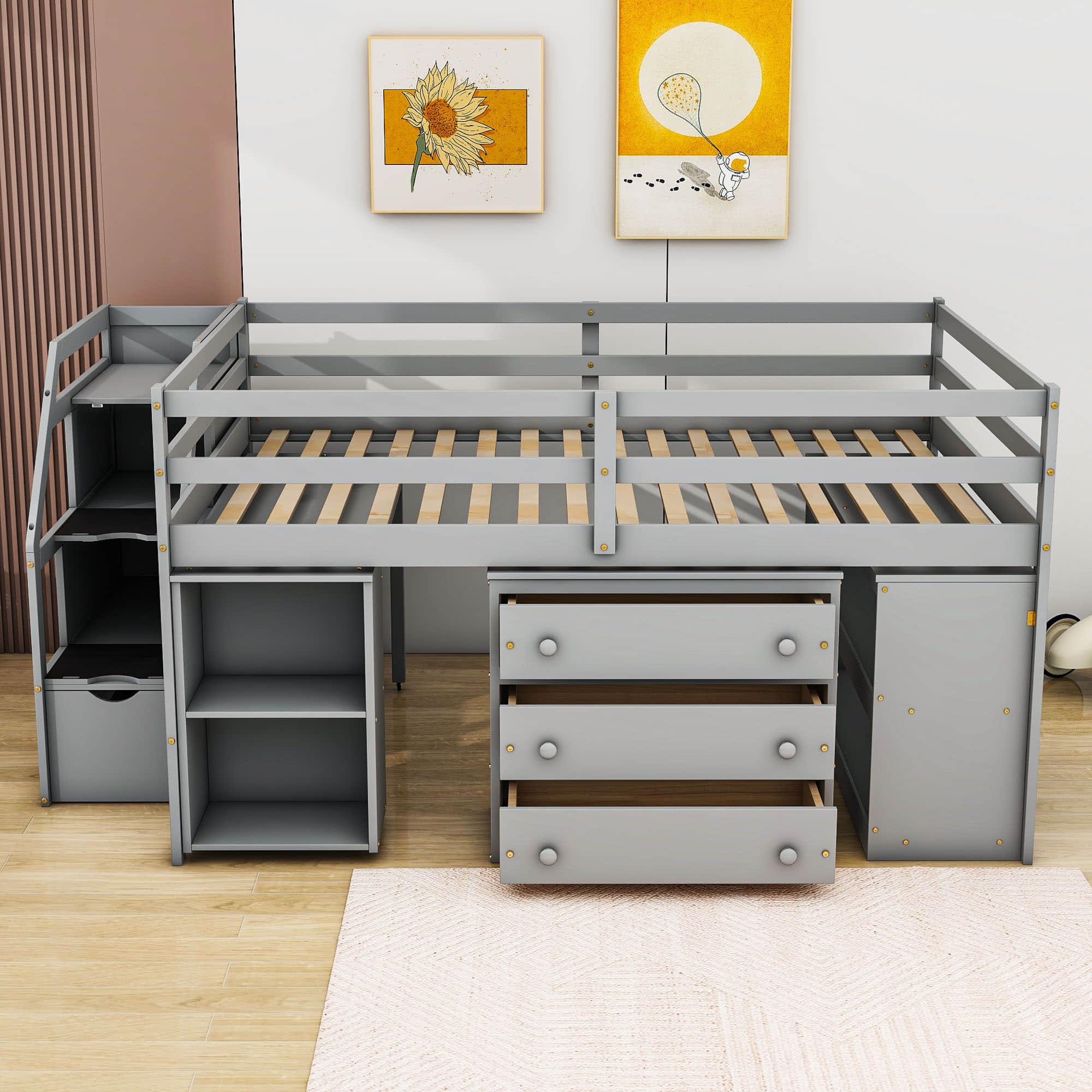 Full Size Kids Low Loft Bed with Desk and Stairs, Storage - [Dresser]