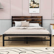 Rustic Queen Size Metal Bed Frame with Vintage Wood Headboard