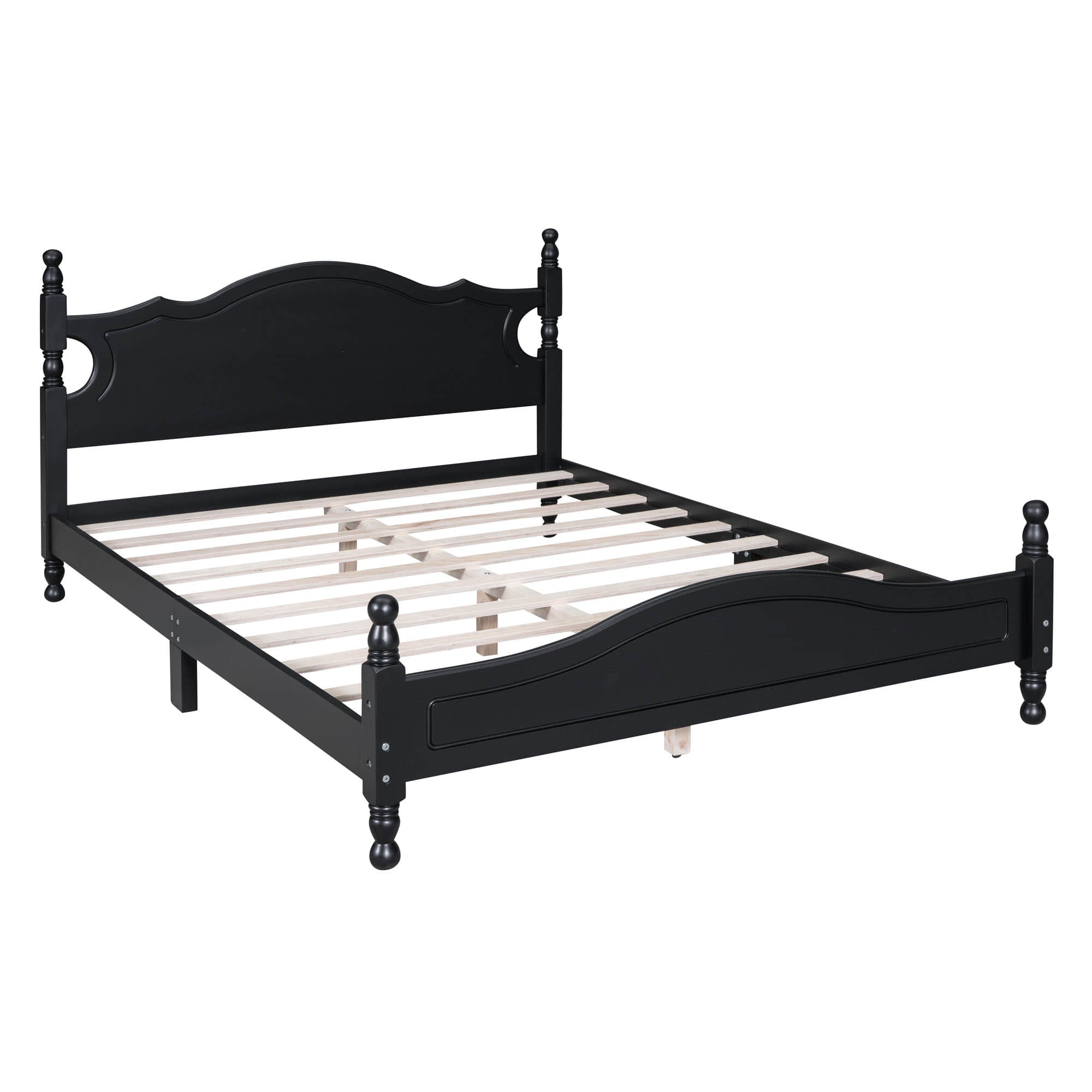 Traditional Wood Queen Size Low Profile Platform Bed Frame with Headboard