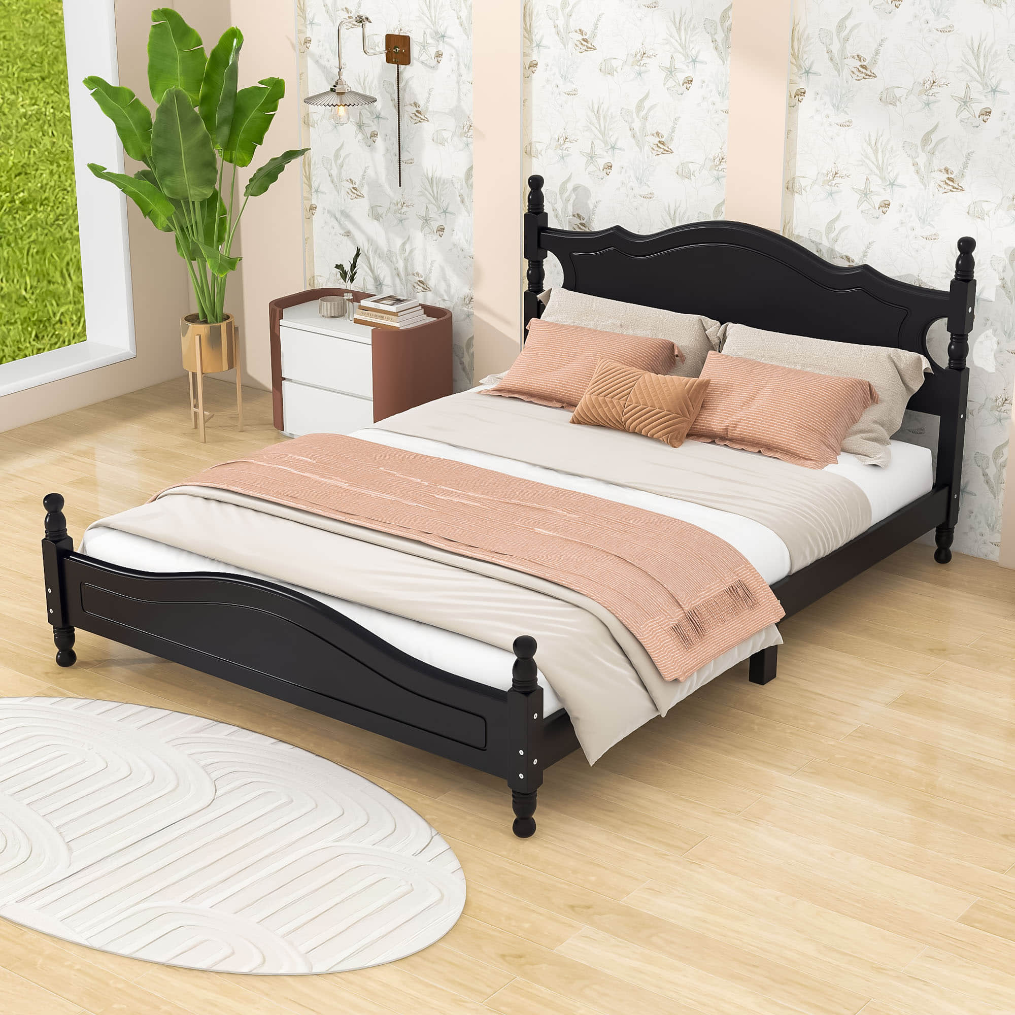 Traditional Wood Queen Size Low Profile Platform Bed Frame with Headboard