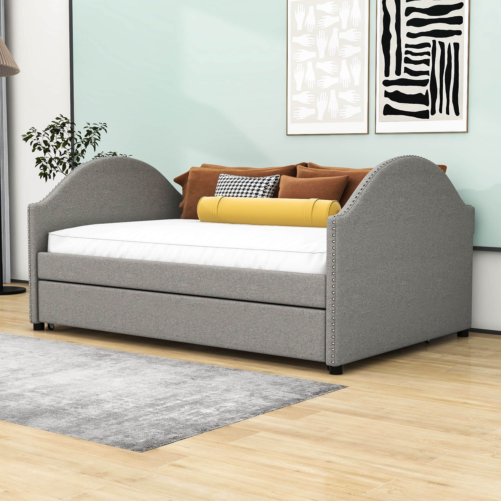 Modern Full Size Upholstered Daybed with Twin Trundle for Adults