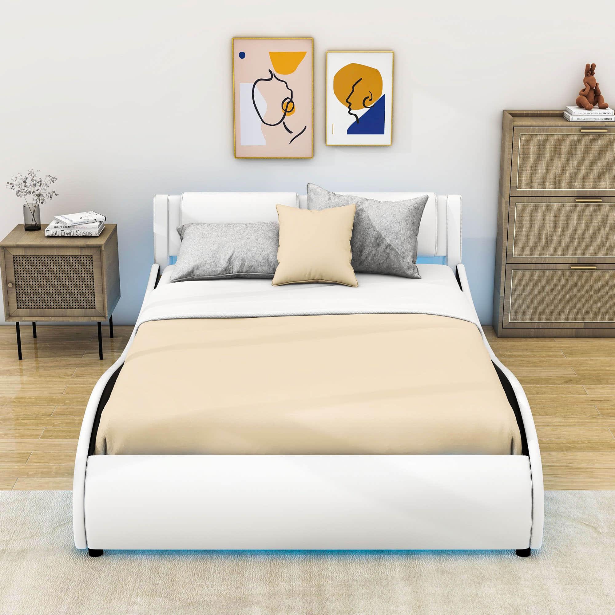 Modern Queen Upholstered Platform Bed Frame with Headboard and Lights