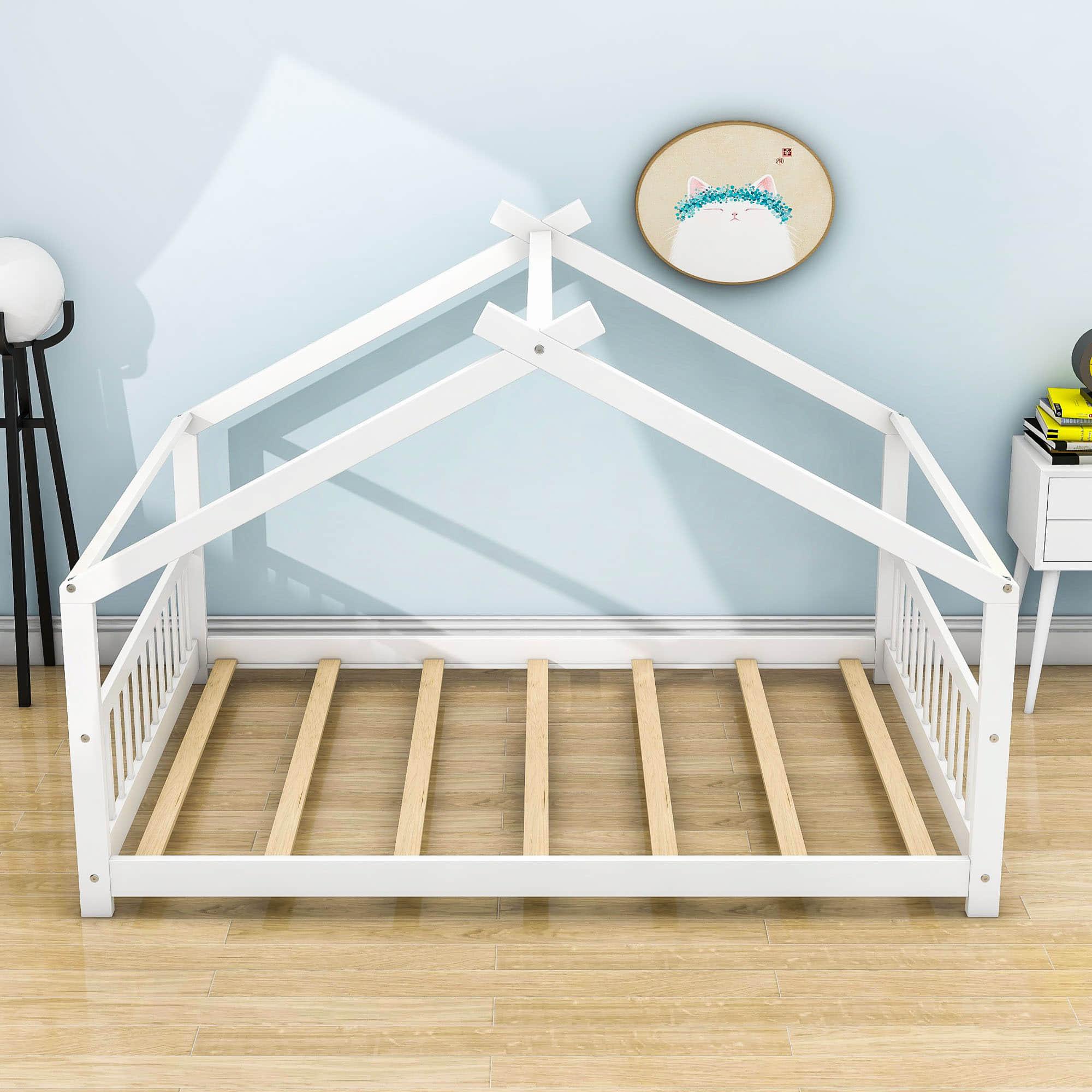 Wooden Full Size Low House Bed Frame for Toddler, Kids