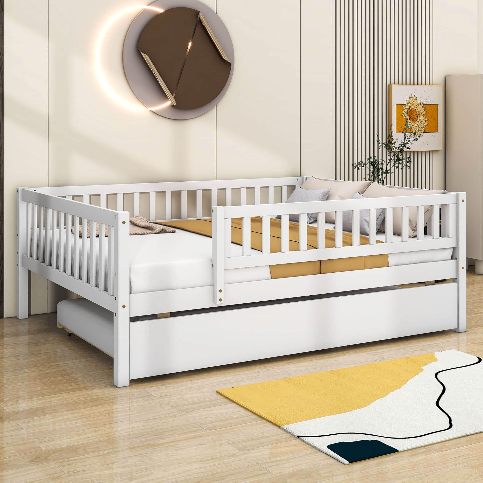 Wooden Full Size Low Kids Bed with Twin Size Trundle and Rails