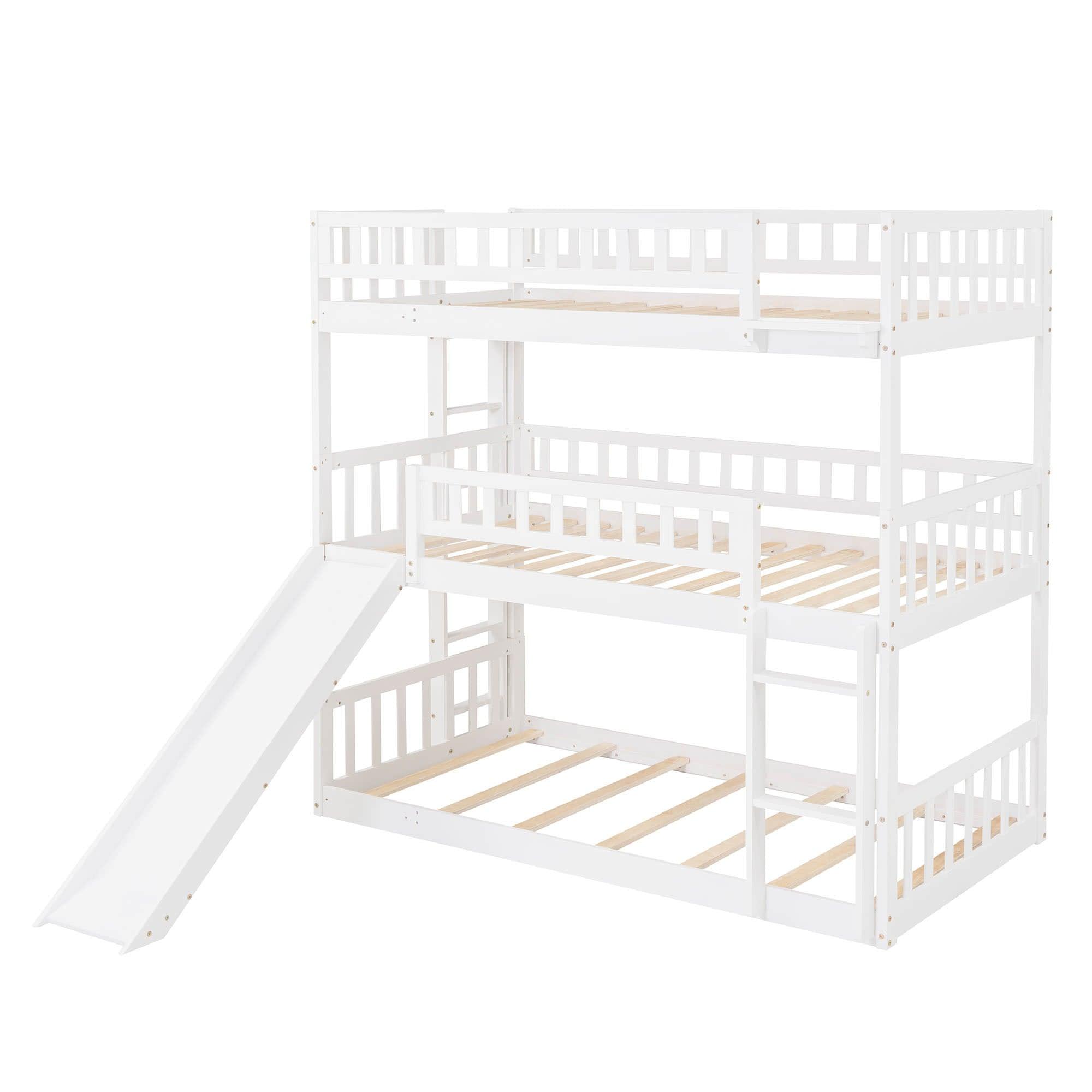 3 Level Low Twin Triple Bunk Beds with Slide for Kids, Toddler - [Wood, Convertible]