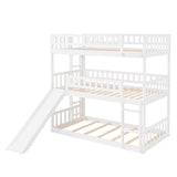 3 Level Low Twin Triple Bunk Beds with Slide for Kids, Toddler - [Wood, Convertible]