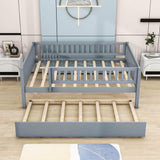 Wooden Full Size Low Kids Bed with Twin Size Trundle and Rails