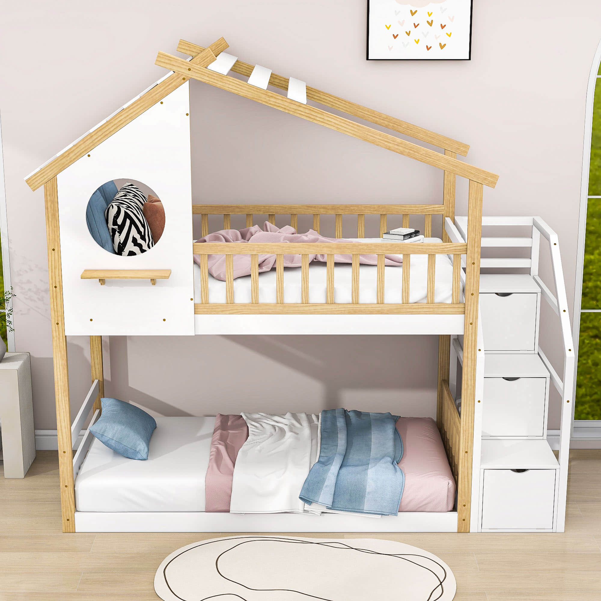 Low Twin Over Twin House Bunk Beds with Stairs and Storage for Kids, Toddler - [Floor]