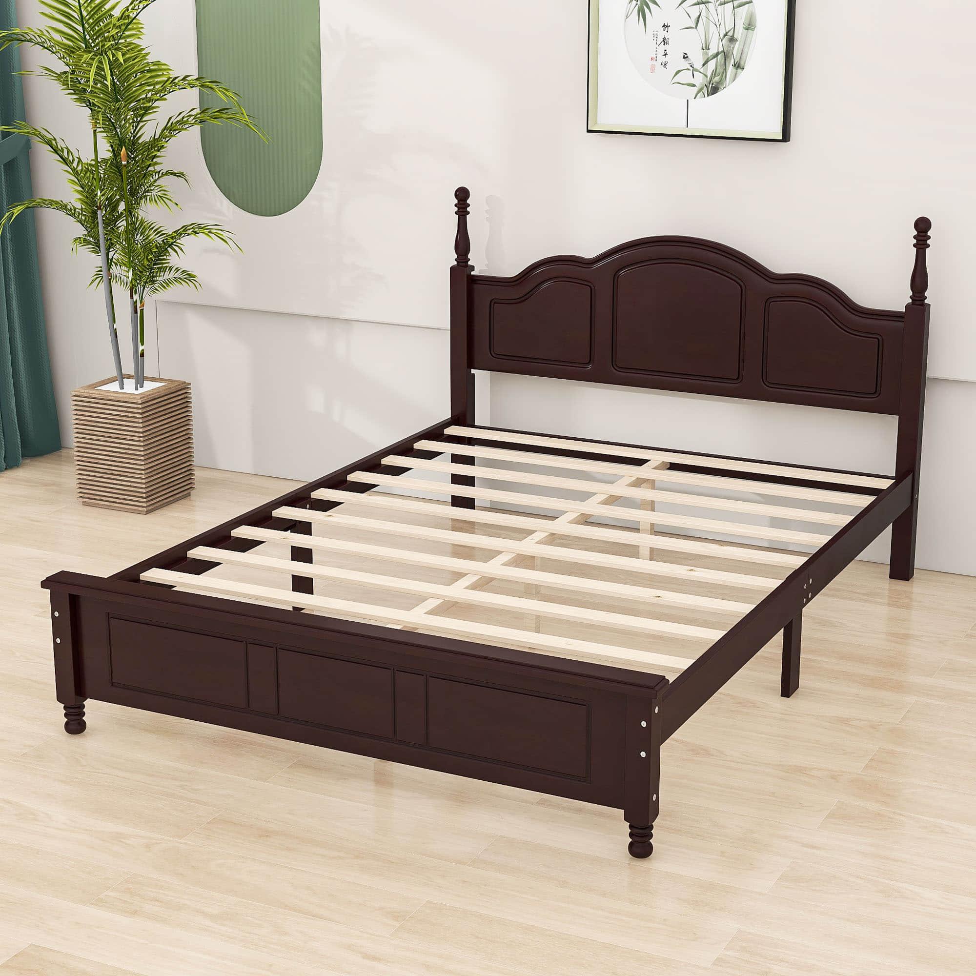 Wood Traditional Queen Size Platform Bed Frame with Headboard