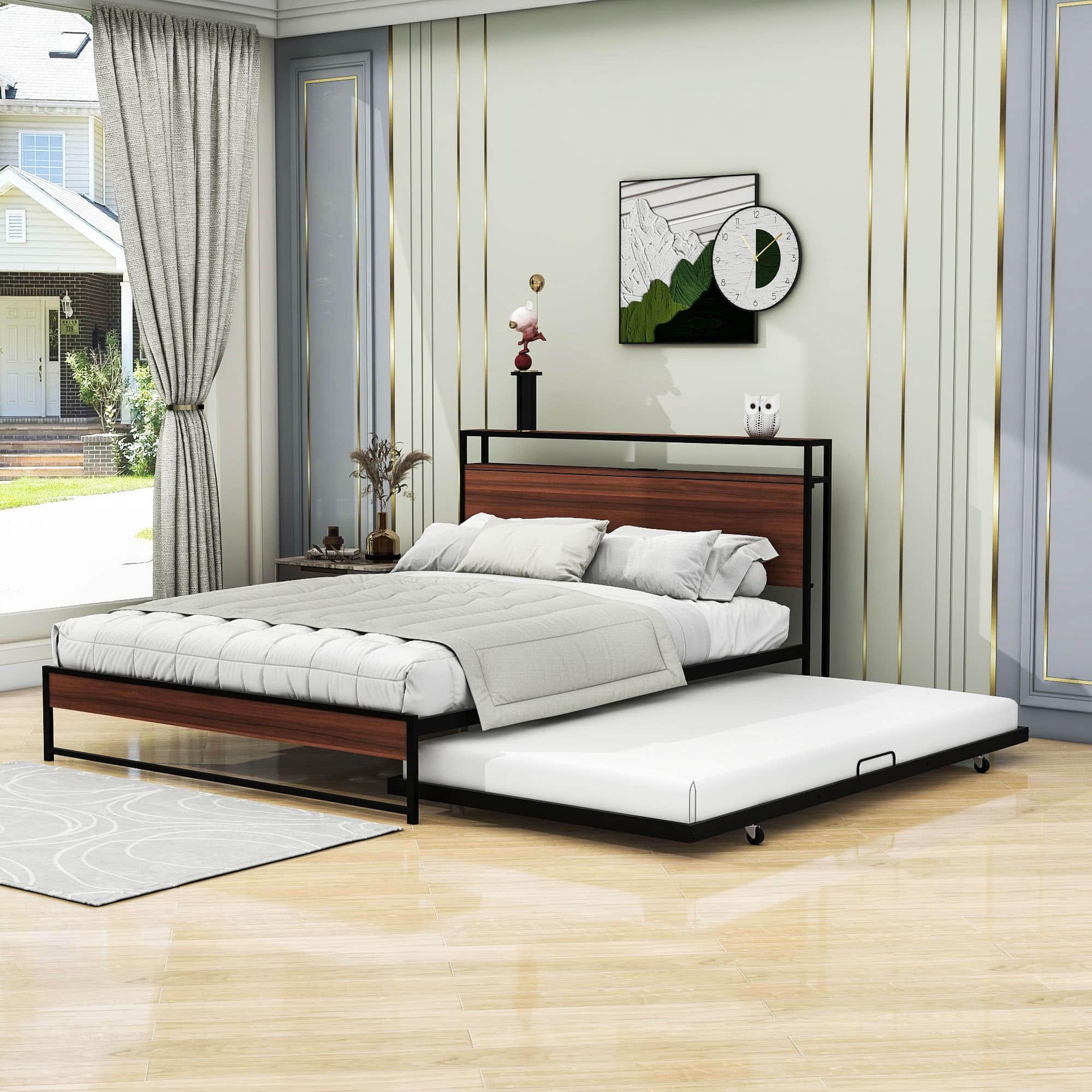 Metal Queen Size Smart Platform Bed with Twin Trundle Bed and Shelf Headboard