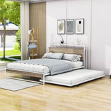 Metal Queen Size Smart Platform Bed with Twin Trundle Bed and Shelf Headboard