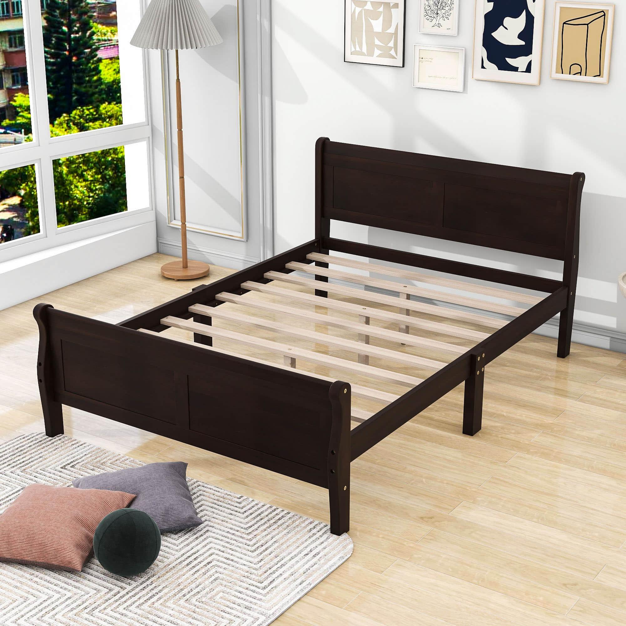 Wooden Full Size Platform Bed with Headboard - [Sleigh]