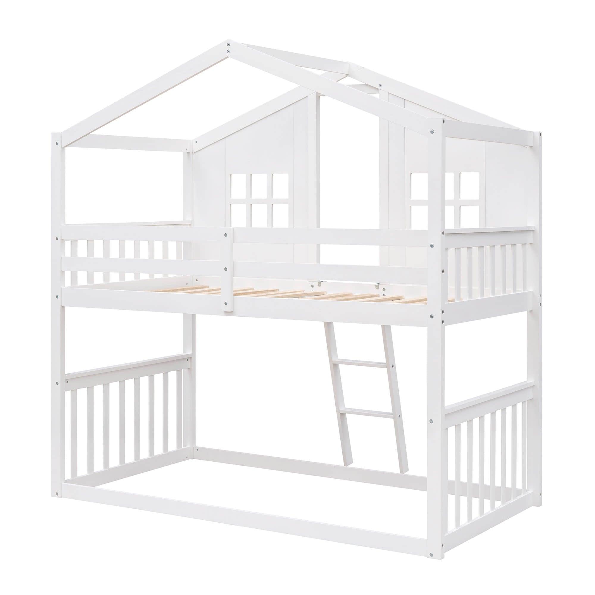 Low Twin Over Twin House Bunk Beds for Kids Toddler - [Wooden, Floor]