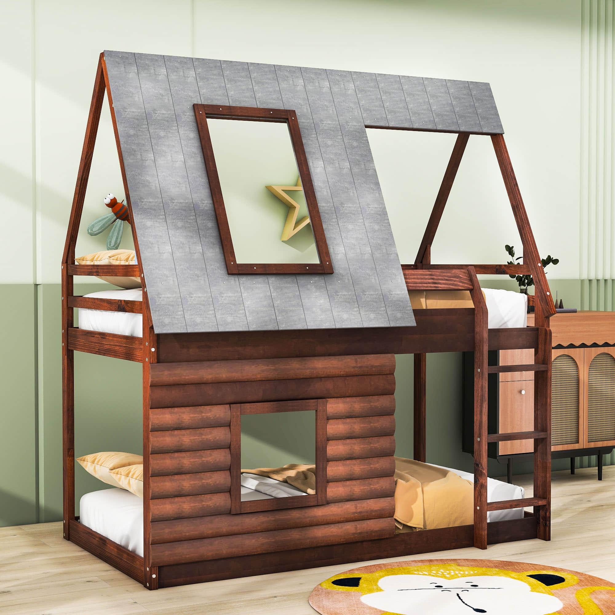 Rustic Low Twin Over Twin FarmHouse Bunk Beds for Kids, Toddler - [Floor]