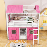 Fun Full Over Full House Loft Bunk Beds for Kids with Curtains - [Low]