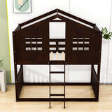 Low Twin Over Twin House Bunk Beds for Kids Toddler - [Wooden, Floor]