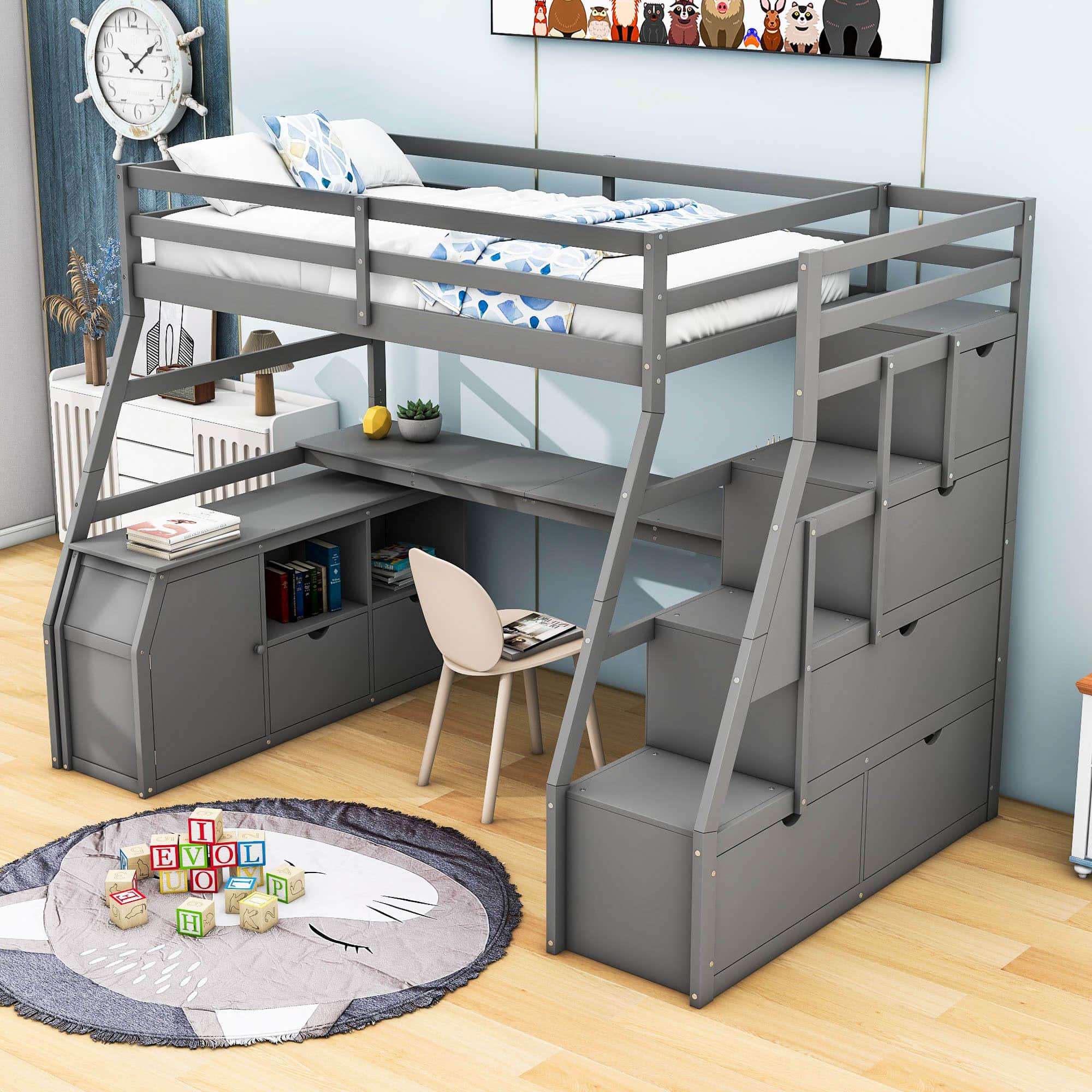 Twin Loft Bed with Desk and Stairs, Storage for Teens, Kids - [Drawers]