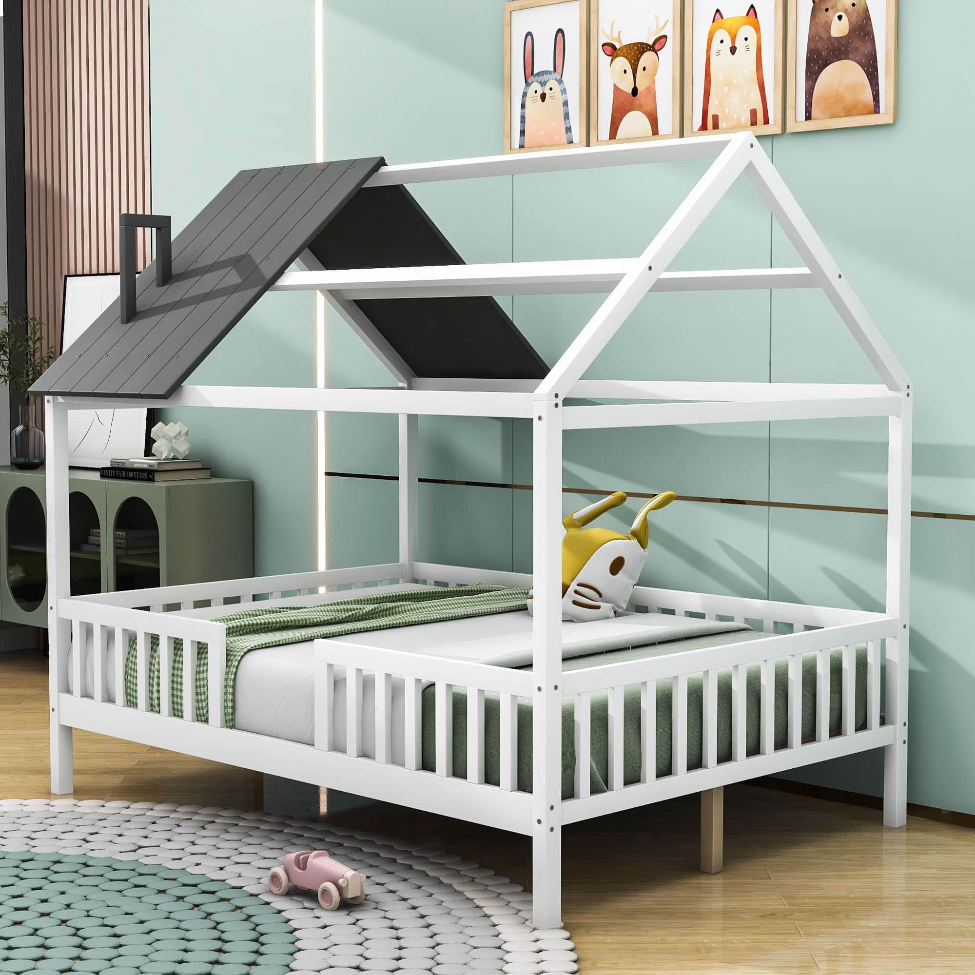 Full Wooden Kids Low Montessori Farmhouse Bed Frame with Rails