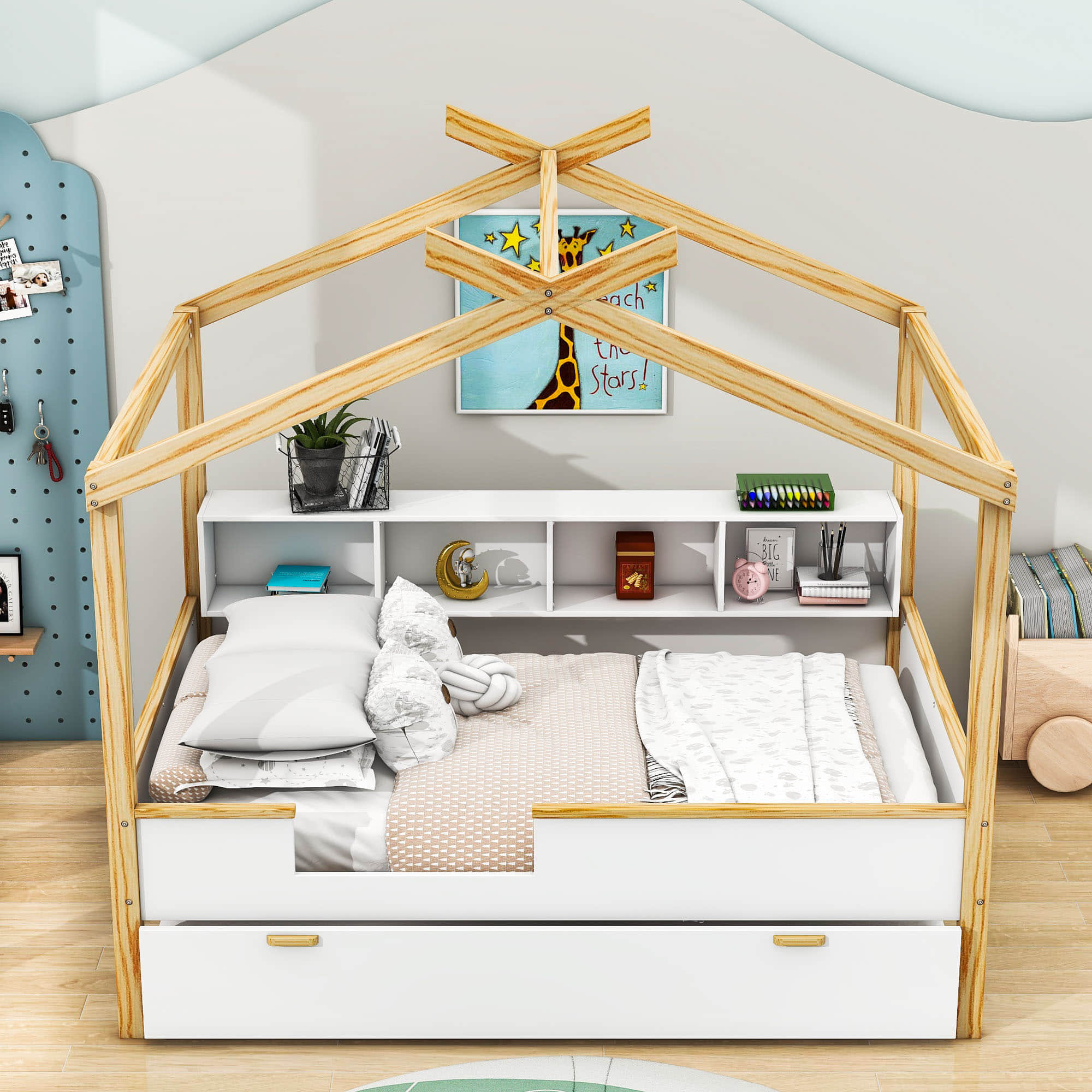 Full House Kids Bed Frame with Twin Trundle Bed and Bookshelf Storage