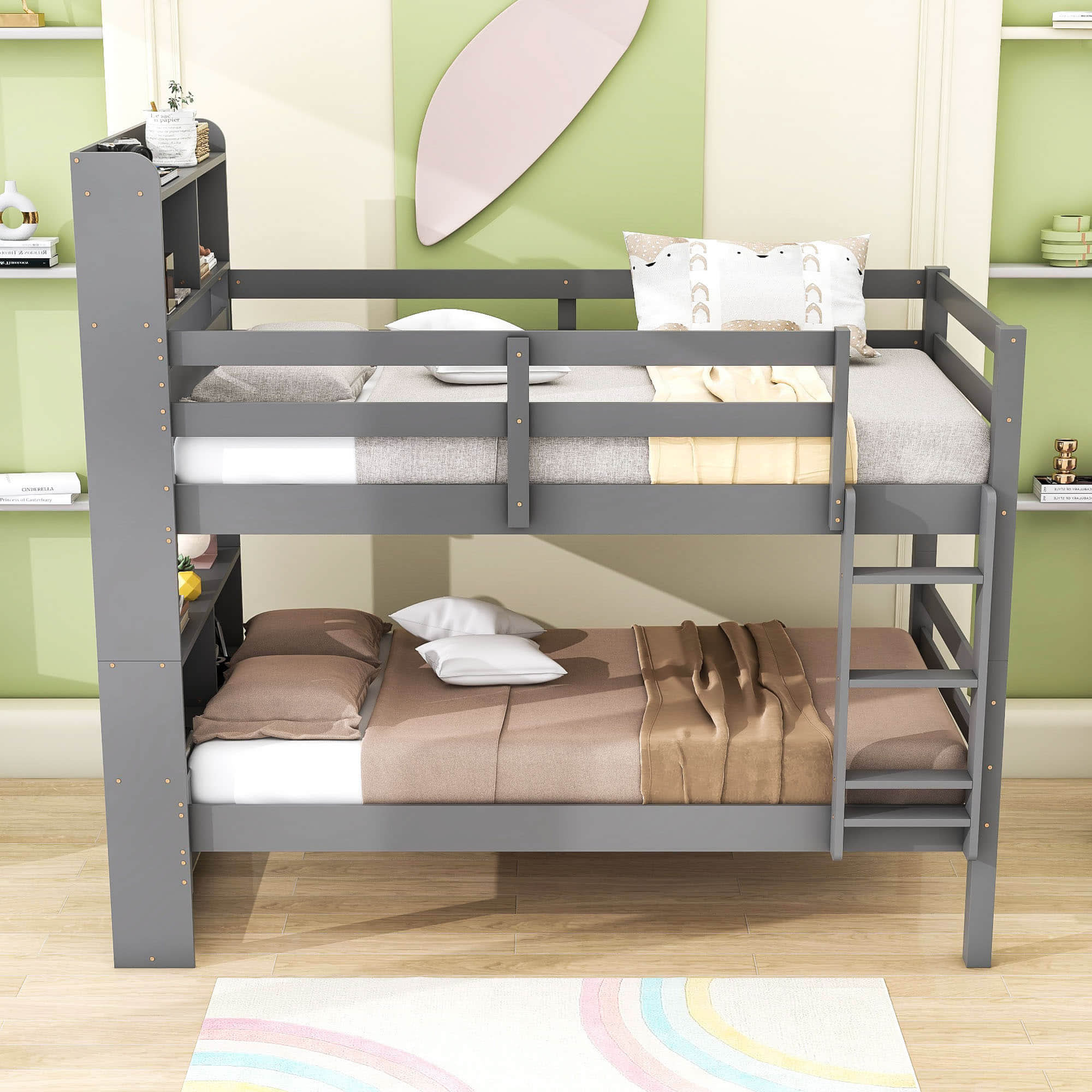 Solid Wood Convertible Twin Over Twin Bunk Beds with Bookcase Headboard