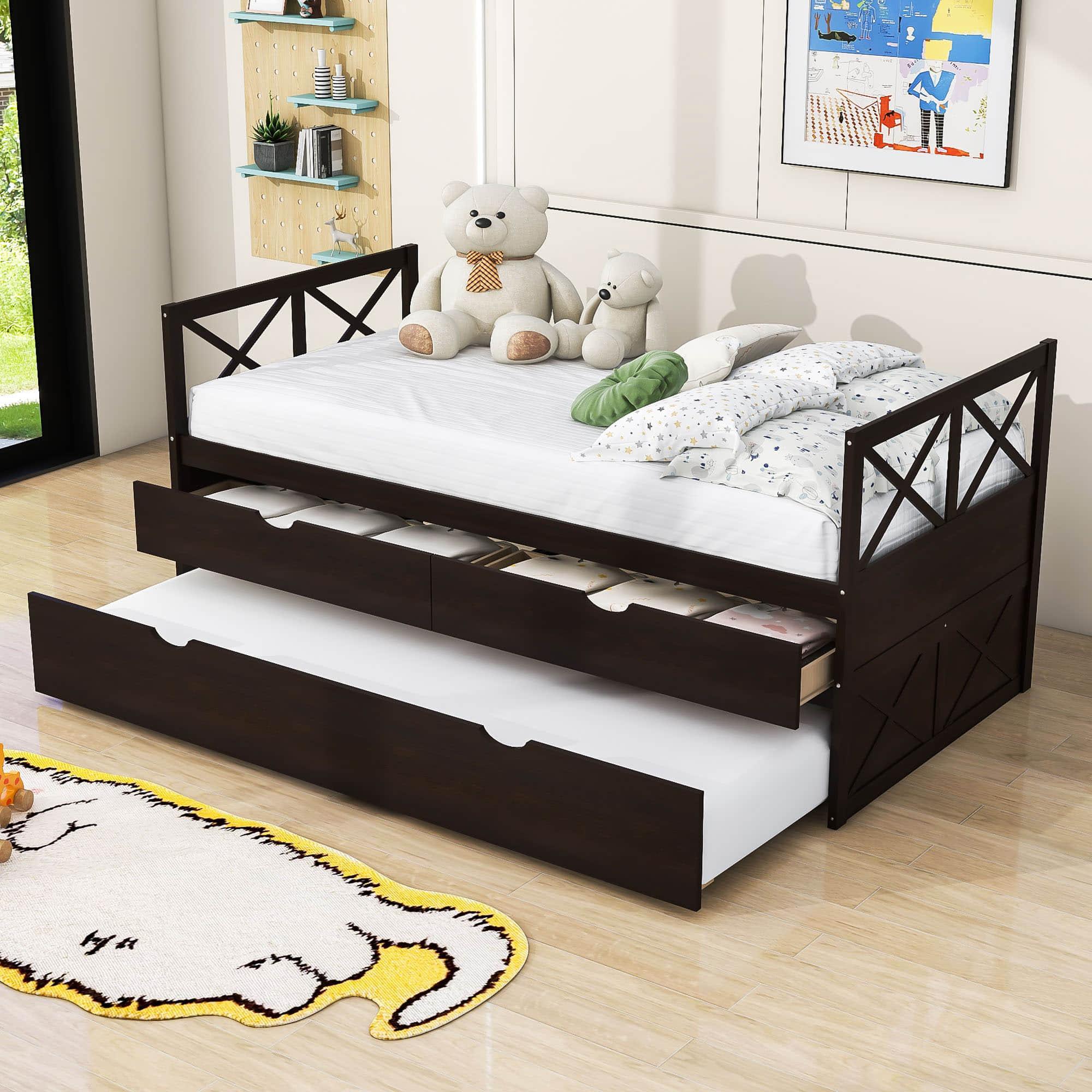 Twin Daybed with Trundle and Storage Drawers for Kids Adults - [Wood, Backless]