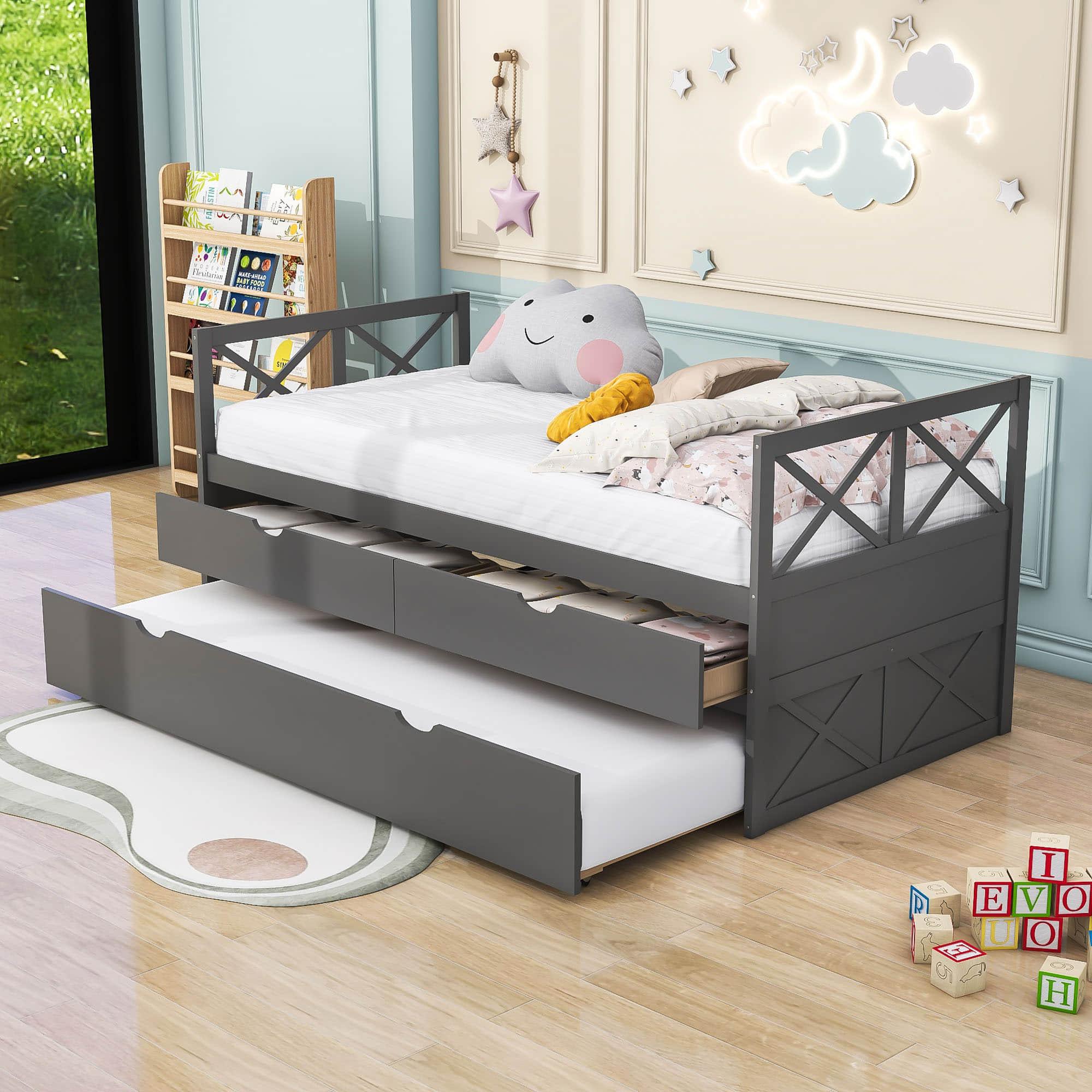 Twin Daybed with Trundle and Storage Drawers for Kids Adults - [Wood, Backless]