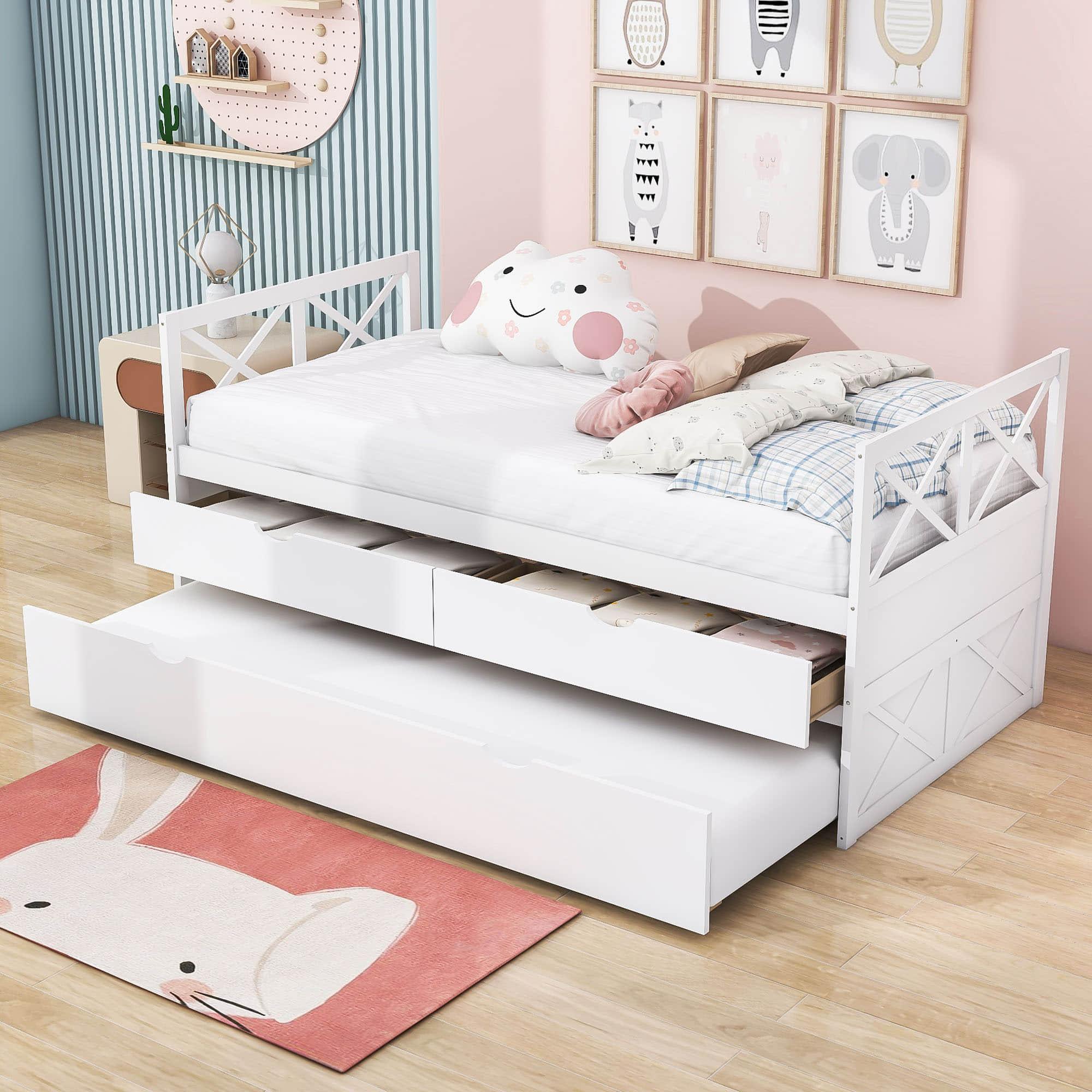 Twin Daybed with Trundle and Storage Drawers for Kids Adults - [Wood, Backless]