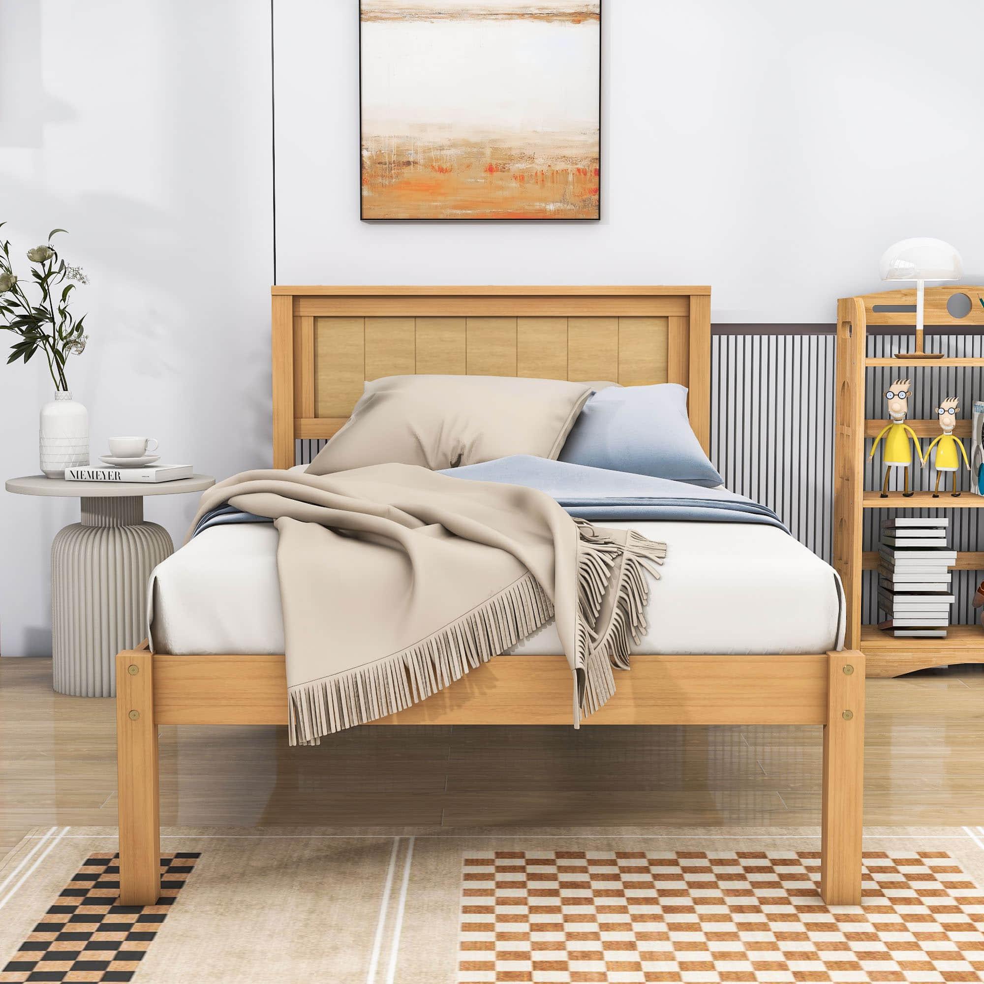 Wood Twin Size Vintage Platform Bed Frame with Headboard