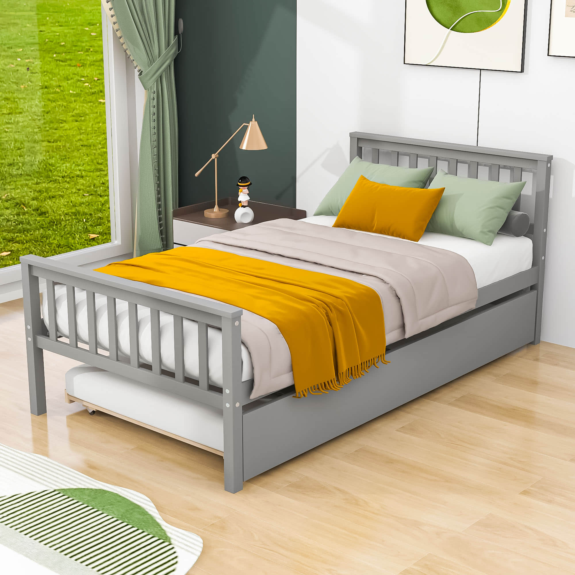 Twin Platform Bed Frame with Twin Trundle and Headboard - [Wooden, Footboard]