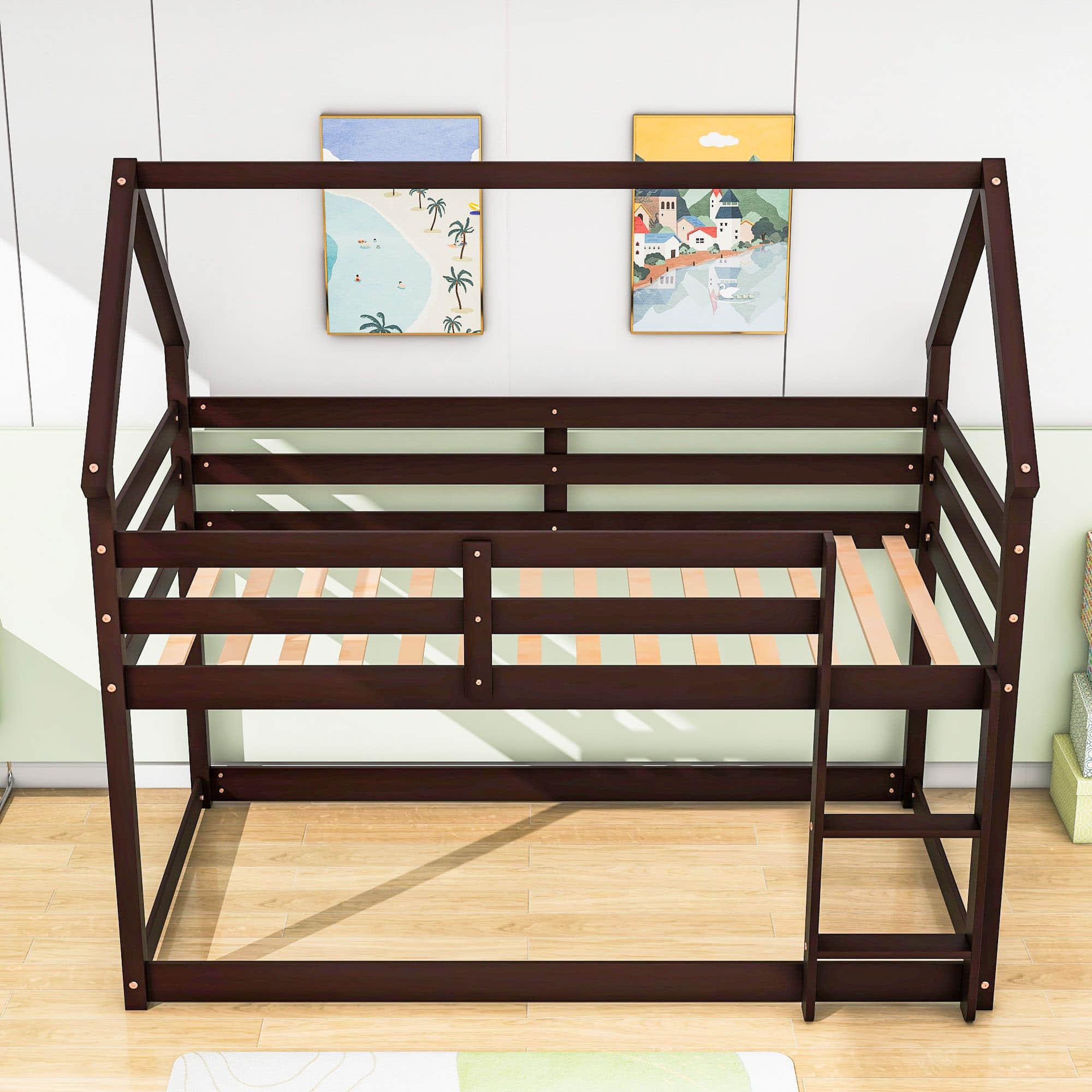 Small Low Twin Over Twin House Floor Bunk Beds for Kids, Toddler