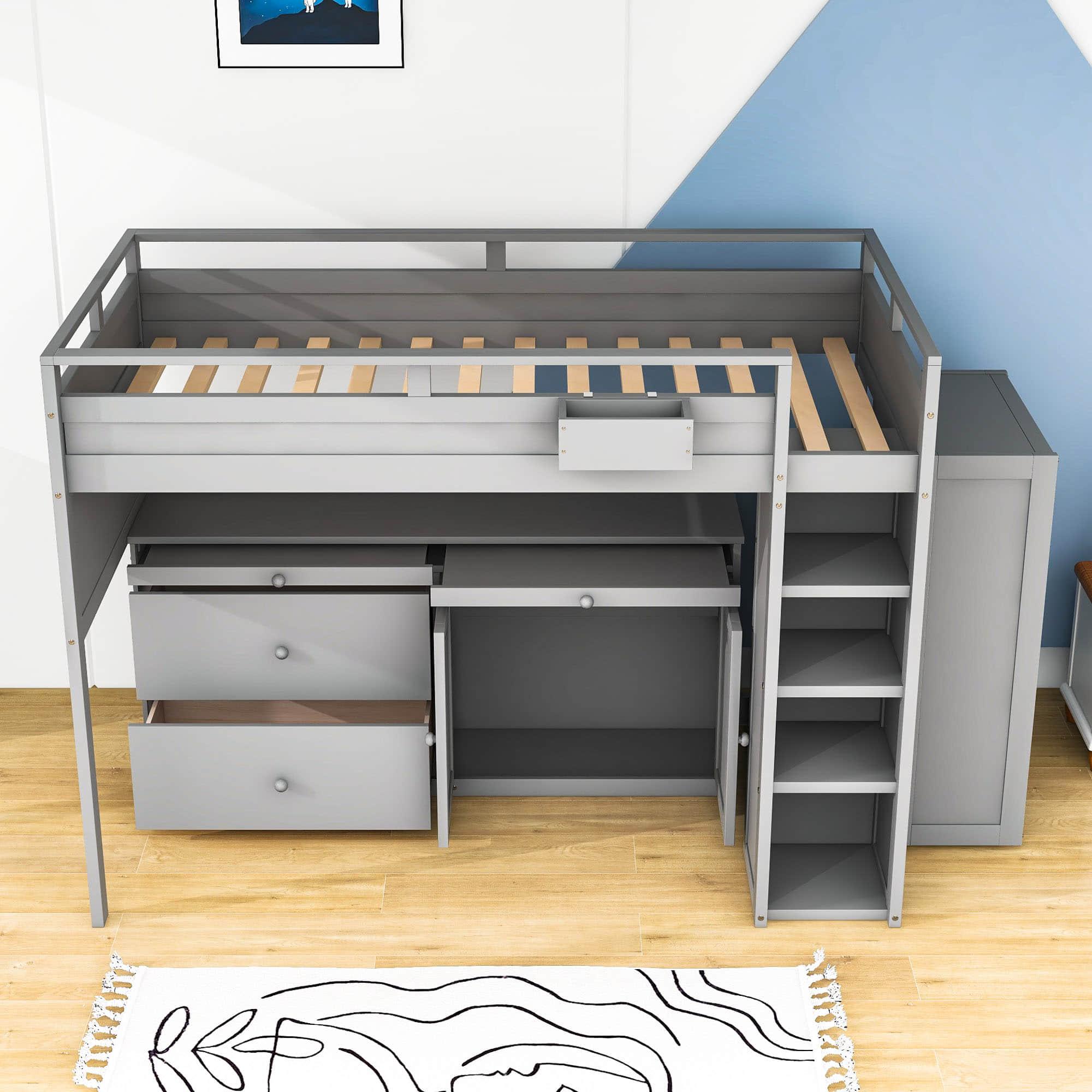 Twin Loft Bed with Desk and Storage for Kids, Teens - [Wooden]