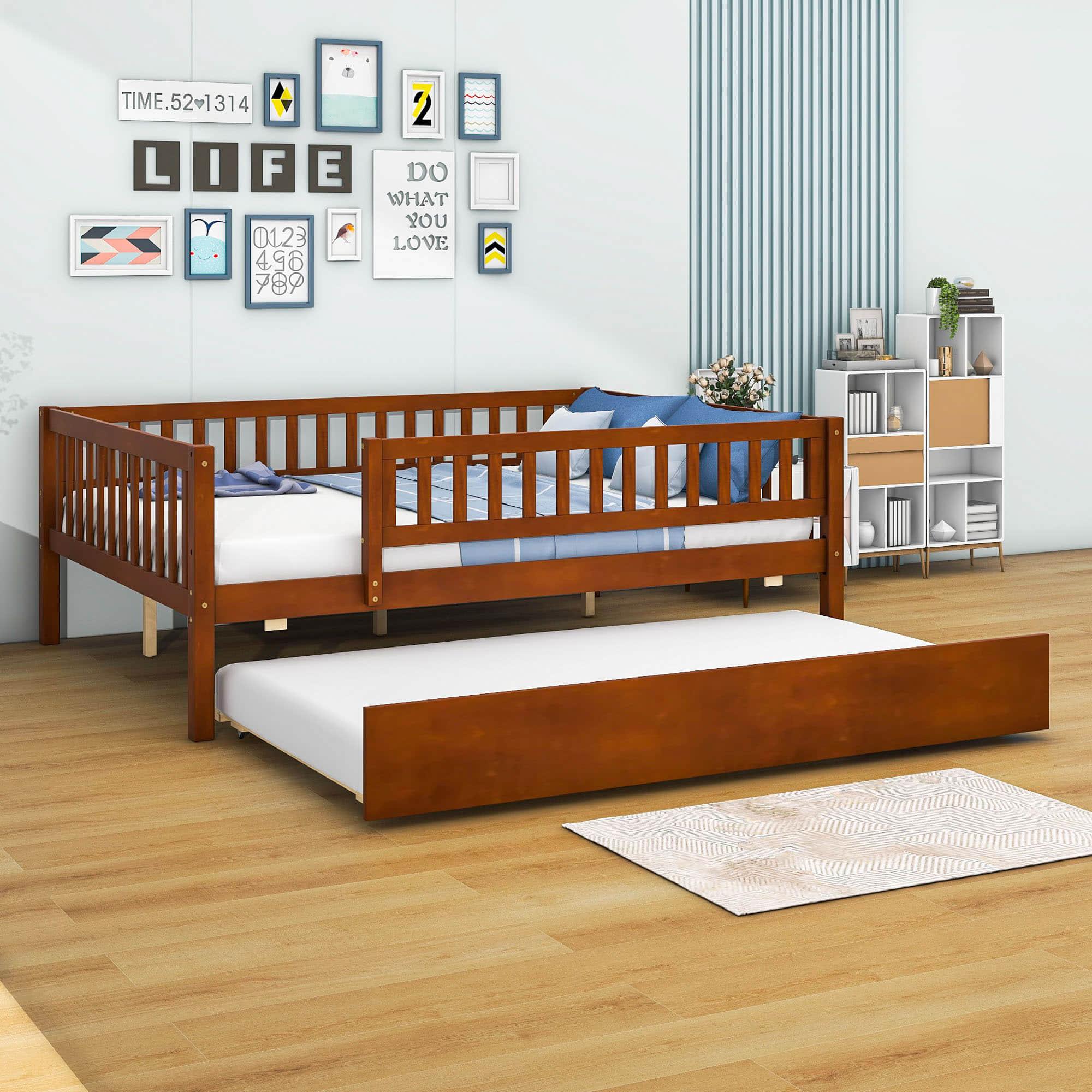 Wooden Full Size Low Kids Bed with Twin Size Trundle and Rails