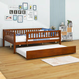 Wooden Full Size Low Kids Bed with Twin Size Trundle and Rails