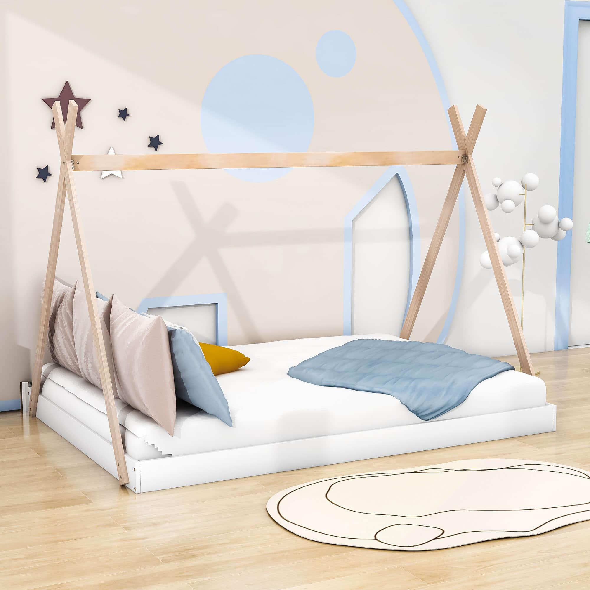 Kids Full Size Tepee Floor Bed for Toddler - [Montessori, Wooden]