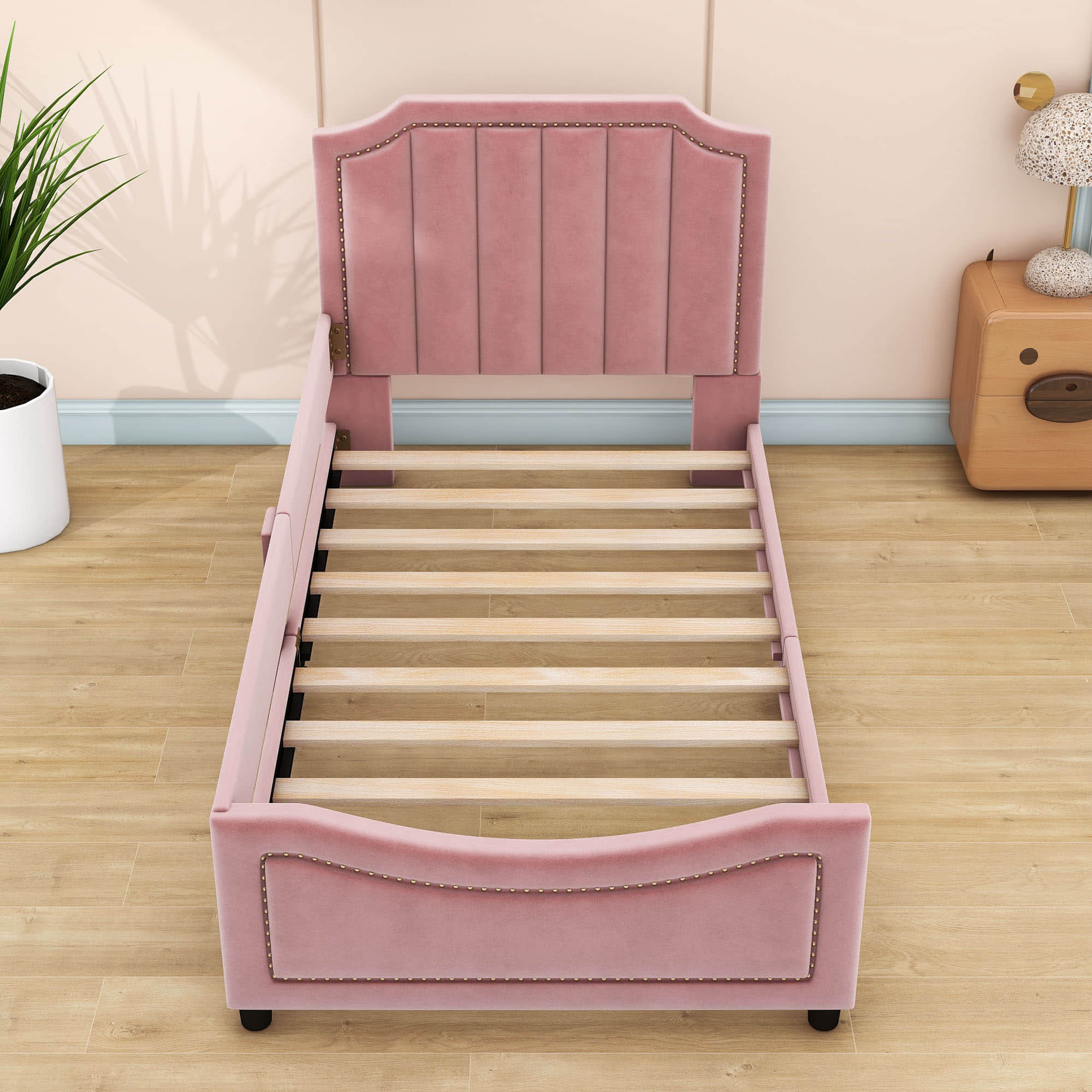 Cute Twin Low Profile Upholstered Toddler Nursery Bed with Rails