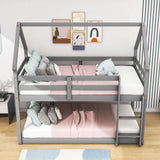 Small Low Twin Over Twin House Floor Bunk Beds for Kids, Toddler