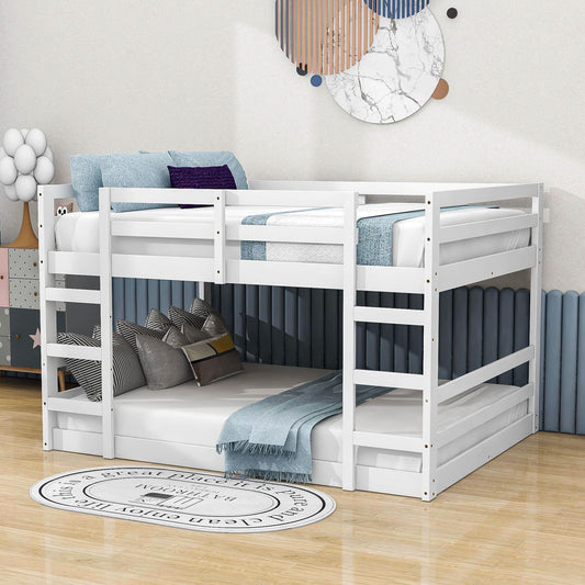 Modern Low Full Over Full Bunk Beds for Kids Toddler with 2 Ladders - Wooden