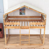 Solid Wood Low Twin Over Twin House Bunk Beds with Tent for Kids Toddler