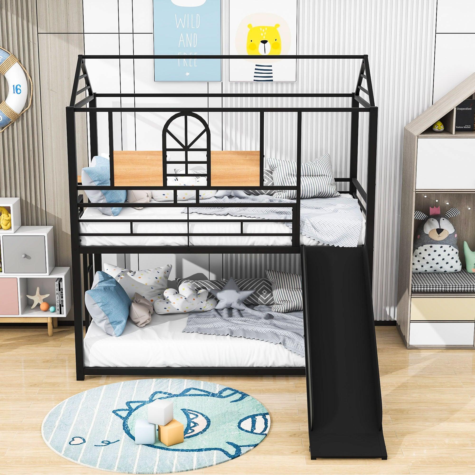 Low House Twin Over Twin Bunk Beds with Slide for Kids Toddler - [Metal]