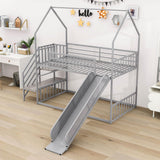 Metal House Twin Loft Bunk Beds for Kids with Stairs and Slide - [Low]